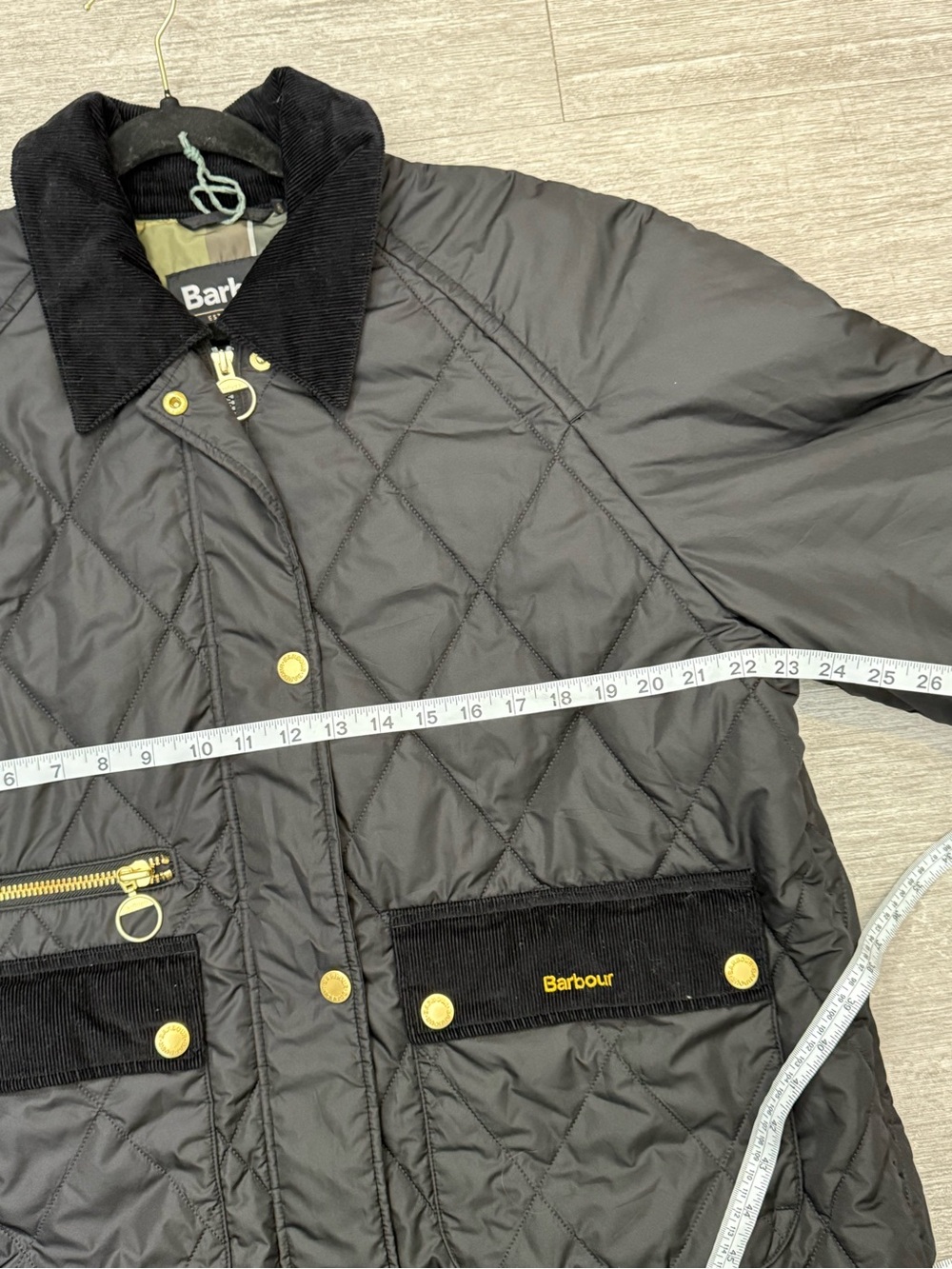 Barbour Quilted Jacket Black Gold Snap Corduroy Collar Tartan Lined Coat - Picture 6 of 9